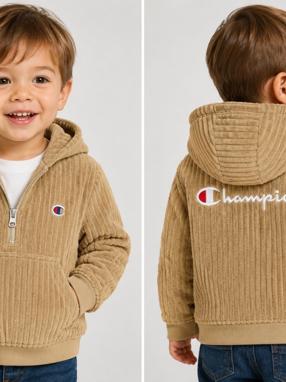 Champion Kids Tan Corduroy Half-Zip Hooded Pullover